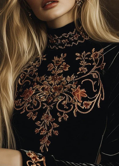 Classy Black High Neck Embroidered Velour Shirt Tops Spring