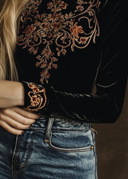 Classy Black High Neck Embroidered Velour Shirt Tops Spring