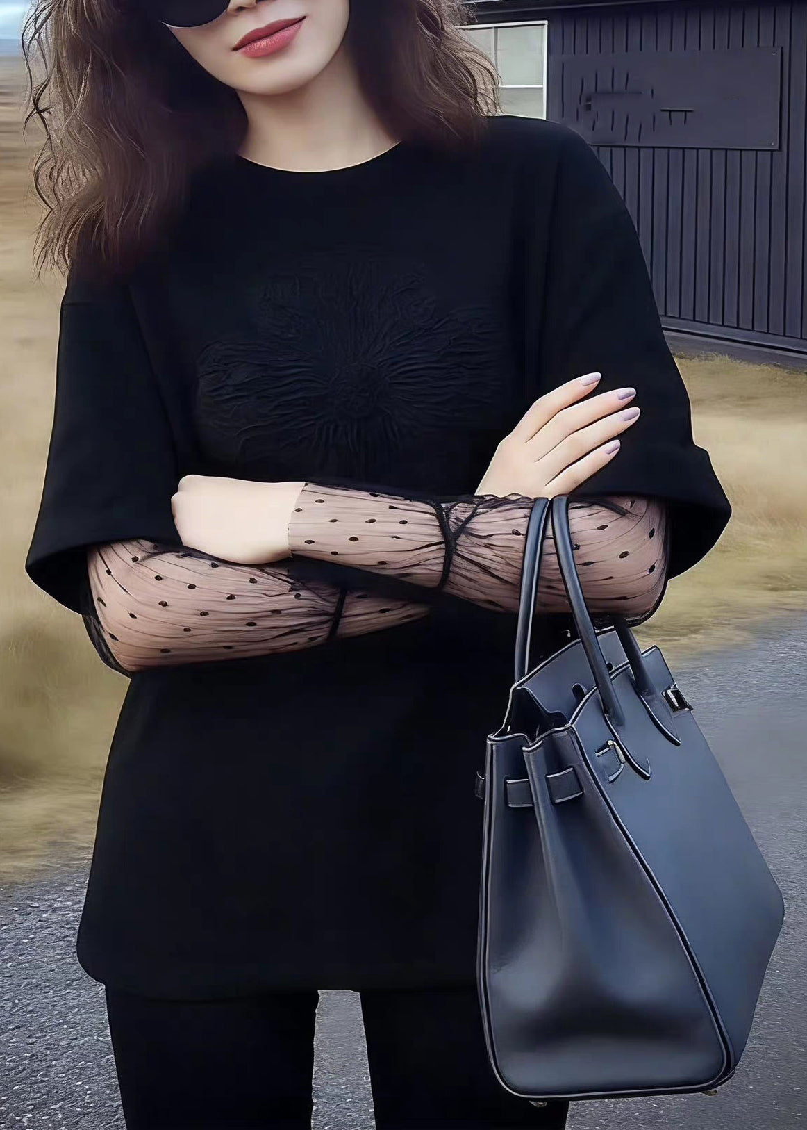 Classy Black Lace Patchwork Fake Two-Piece Top Spring