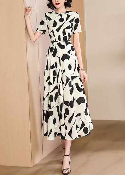 Classy Black O Neck Print Chiffon Dresses Summer