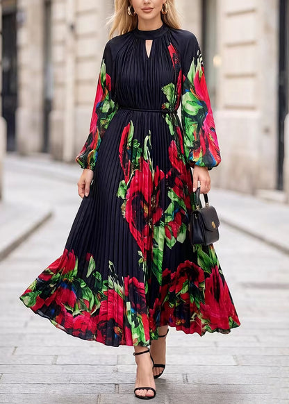 Classy Black O Neck Print Chiffon Exra Large Hem Dress Spring
