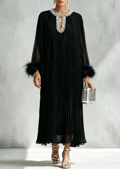 Classy Black O-Neck Rhinestone Pleated Vacation Dresses Long Sleeve