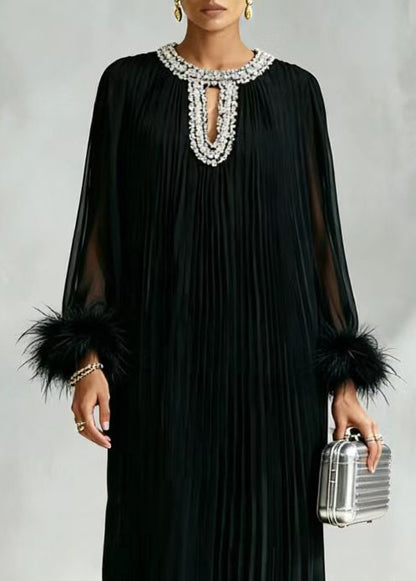 Classy Black O-Neck Rhinestone Pleated Vacation Dresses Long Sleeve