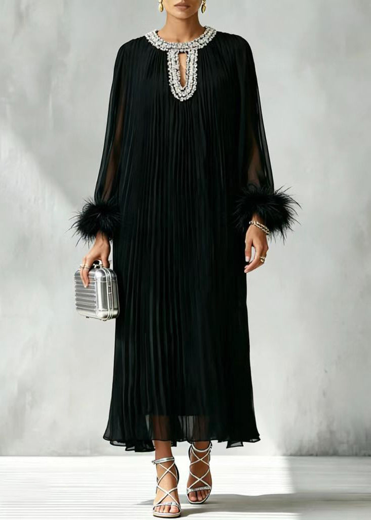 Classy Black O-Neck Rhinestone Pleated Vacation Dresses Long Sleeve
