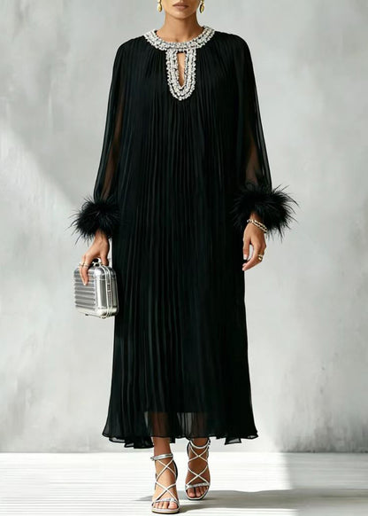 Classy Black O-Neck Rhinestone Pleated Vacation Dresses Long Sleeve