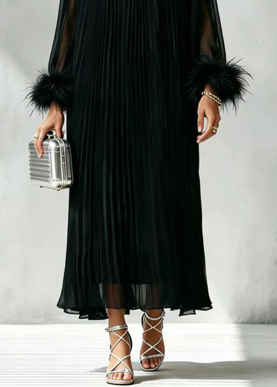 Classy Black O-Neck Rhinestone Pleated Vacation Dresses Long Sleeve