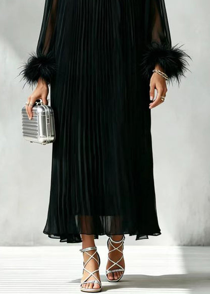 Classy Black O-Neck Rhinestone Pleated Vacation Dresses Long Sleeve