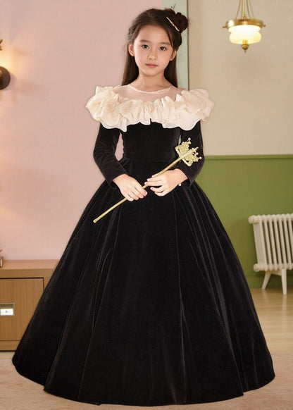 Classy Black O-Neck Wrinkled Silk Velour Kids Maxi Dress Spring