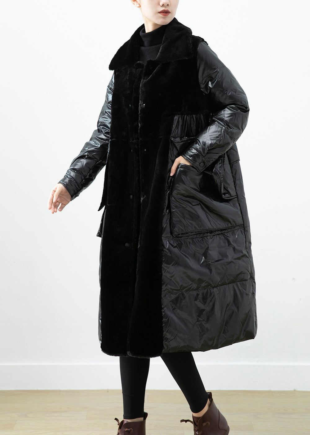 Classy Black Oversized Patchwork Mink Velvet cotton blend Down Jacket Winter