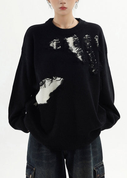 Classy Black Oversized Patchwork Ripped Sweater Tops Winter