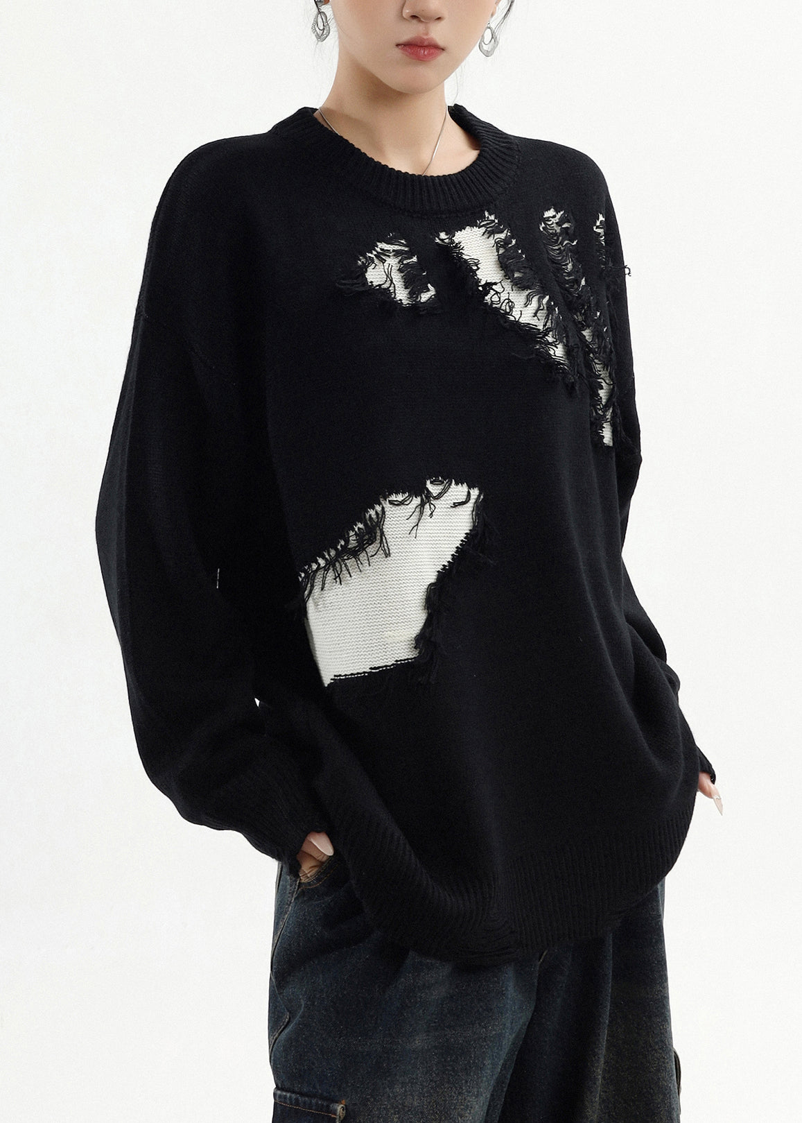 Classy Black Oversized Patchwork Ripped Sweater Tops Winter