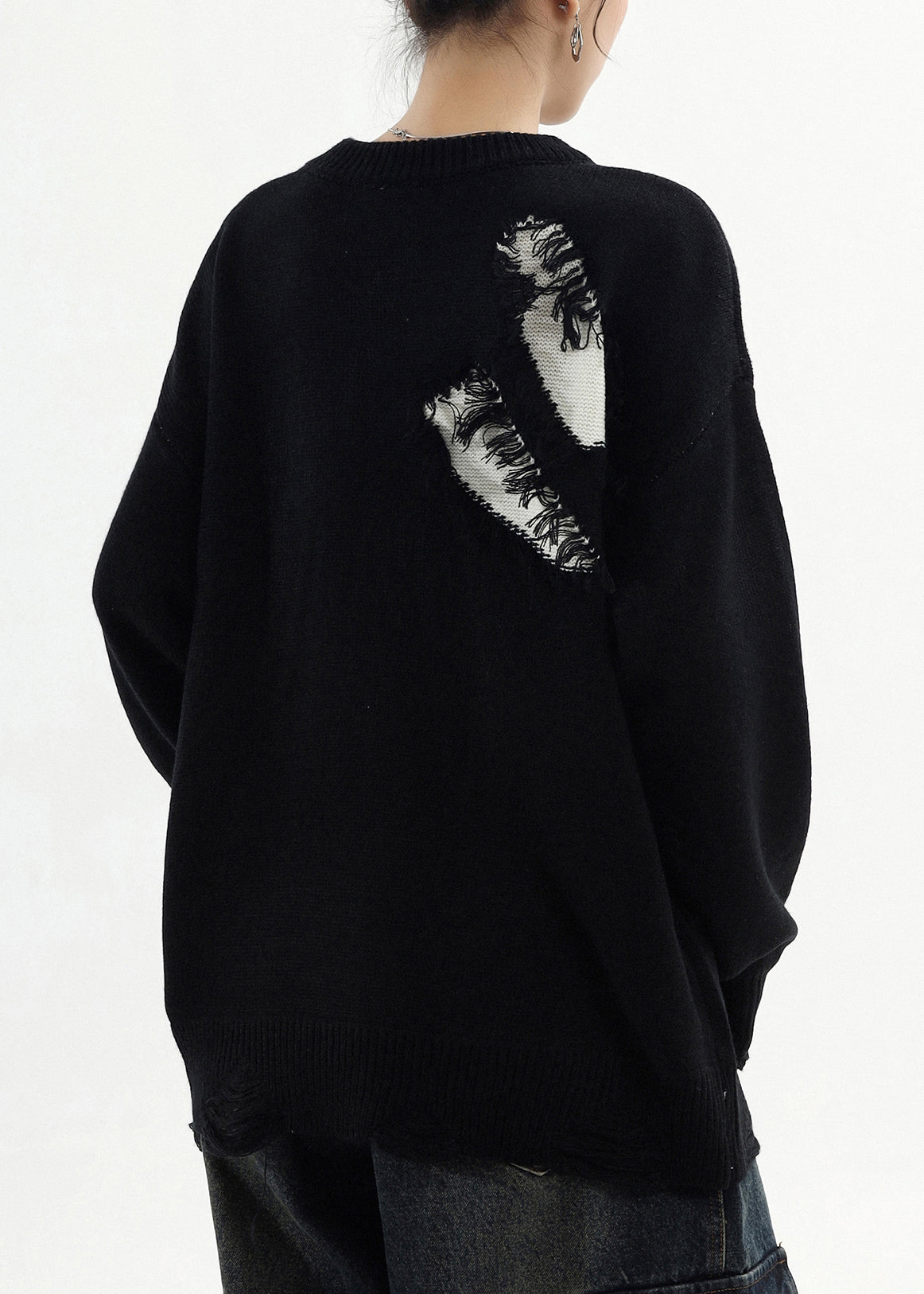 Classy Black Oversized Patchwork Ripped Sweater Tops Winter