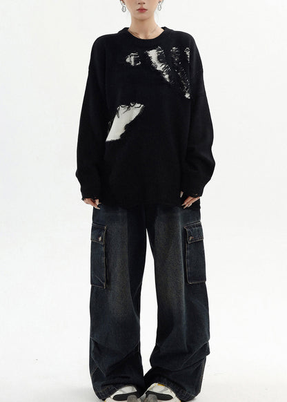 Classy Black Oversized Patchwork Ripped Sweater Tops Winter