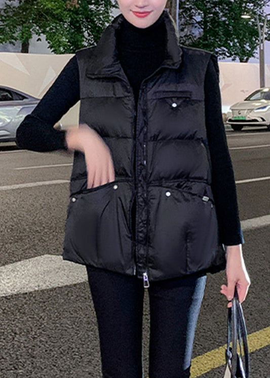 Classy Black Patchwork Pockets Duck Down Down Waistcoat Sleeveless