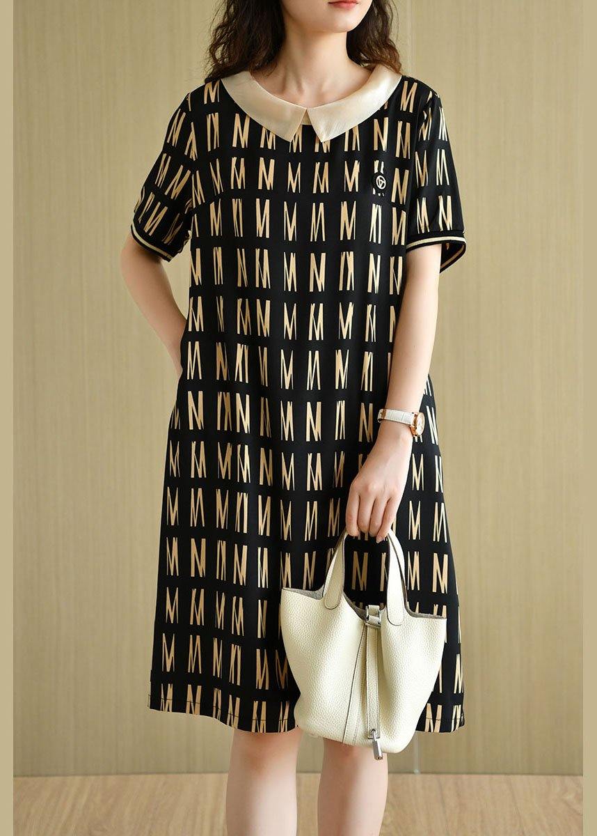 Classy Black Peter Pan Collar Graphic Patchwork Summer Maxi Dress Short Sleeve - SooLinen