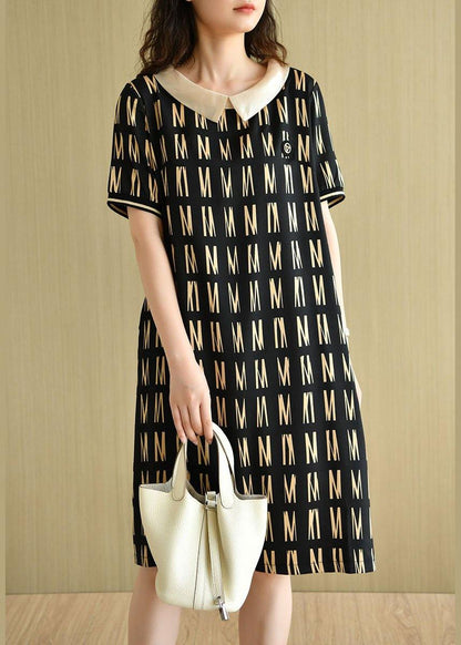 Classy Black Peter Pan Collar Graphic Patchwork Summer Maxi Dress Short Sleeve - SooLinen