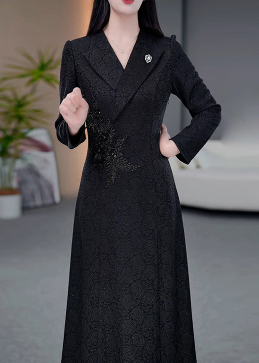 Classy Black Peter Pan Collar Jacquard Cotton Long Dress Spring