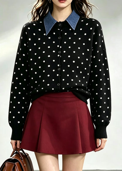 Classy Black Peter Pan Collar Patchwork Dot Knitted Tops Winter