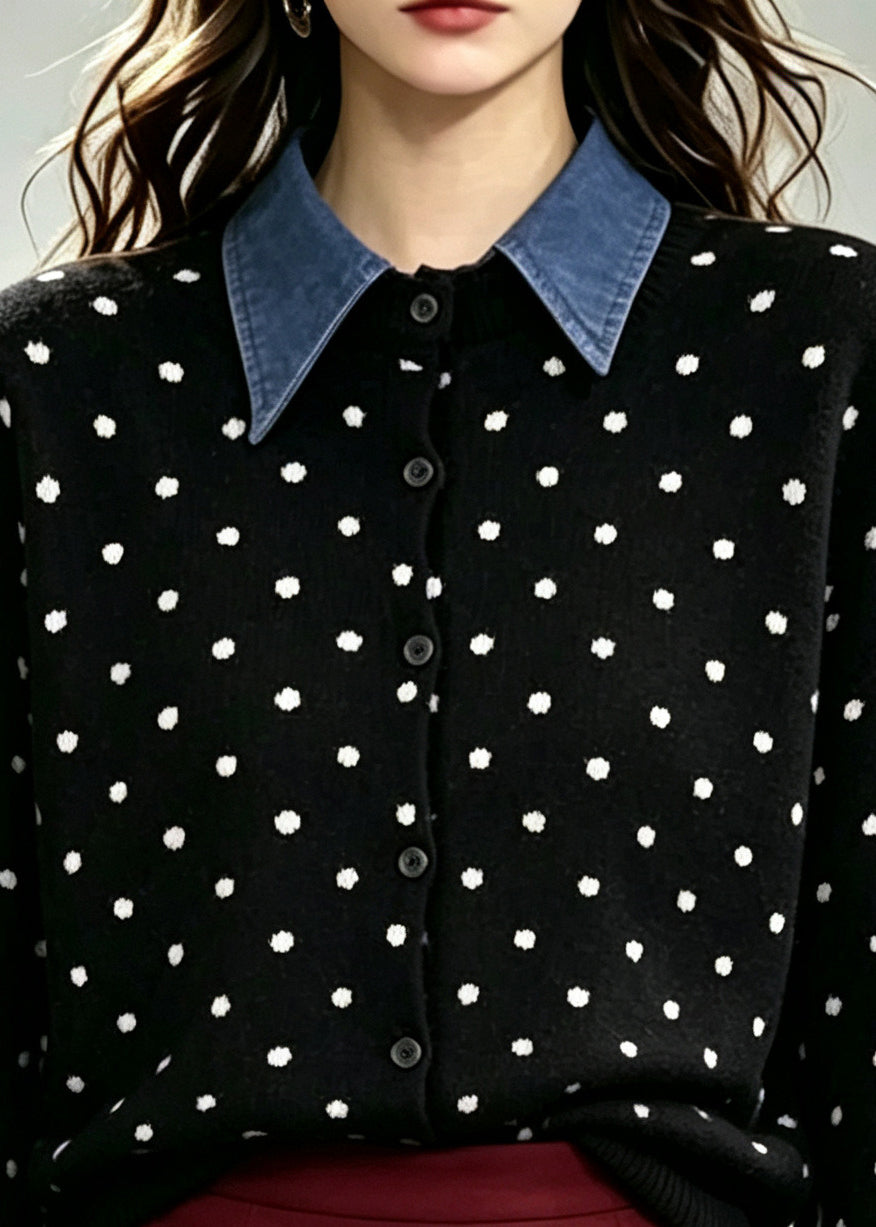 Classy Black Peter Pan Collar Patchwork Dot Knitted Tops Winter