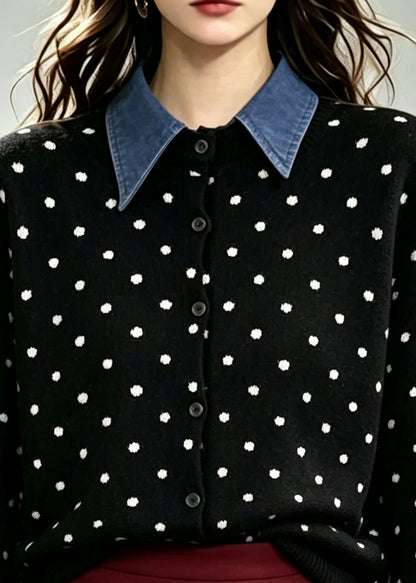 Classy Black Peter Pan Collar Patchwork Dot Knitted Tops Winter
