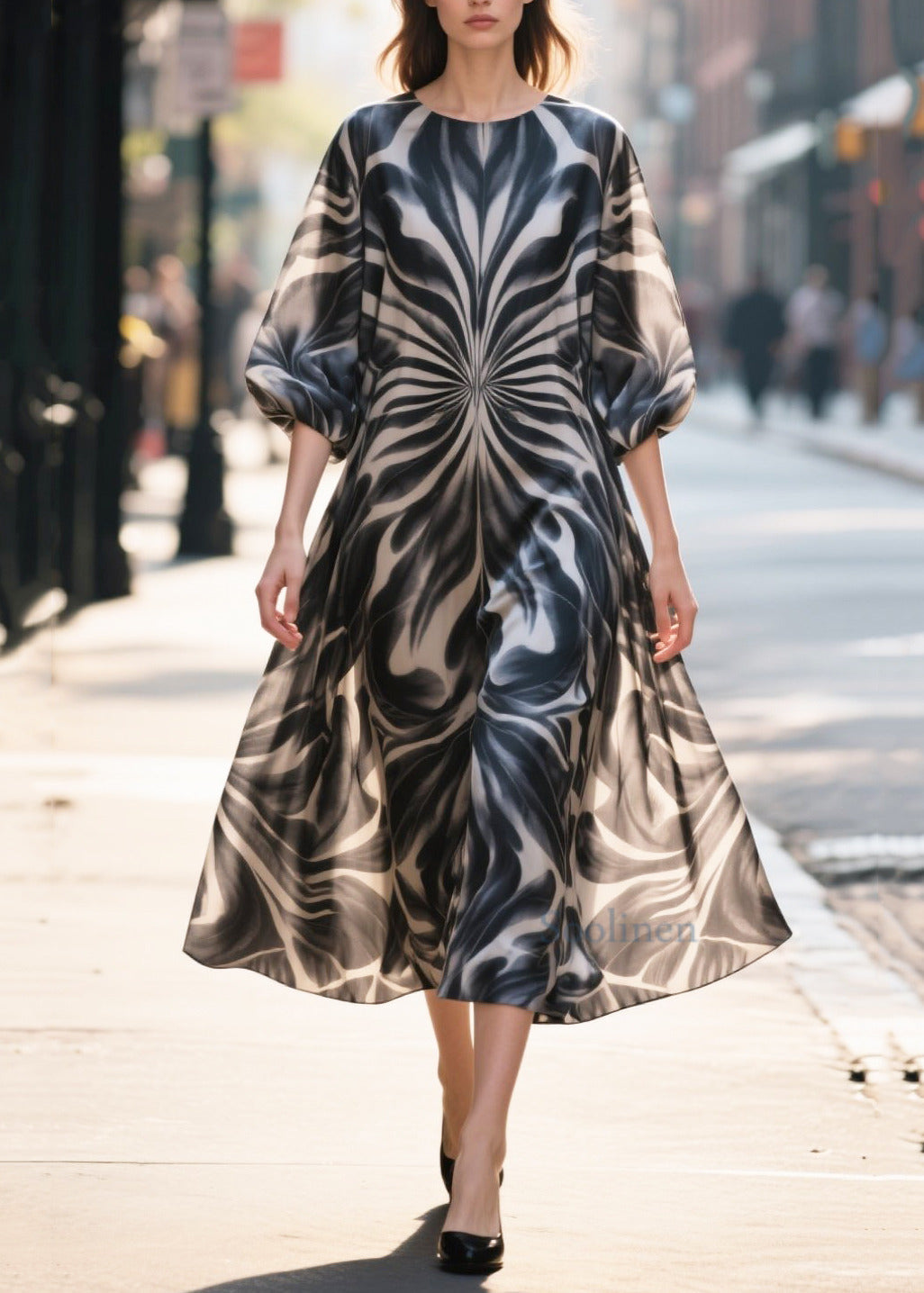 Classy Black Print Chiffon Long Dress Half Sleeve