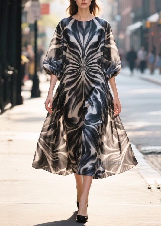 Classy Black Print Chiffon Long Dress Half Sleeve