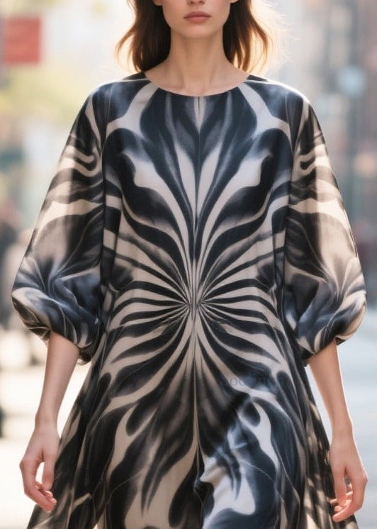 Classy Black Print Chiffon Long Dress Half Sleeve