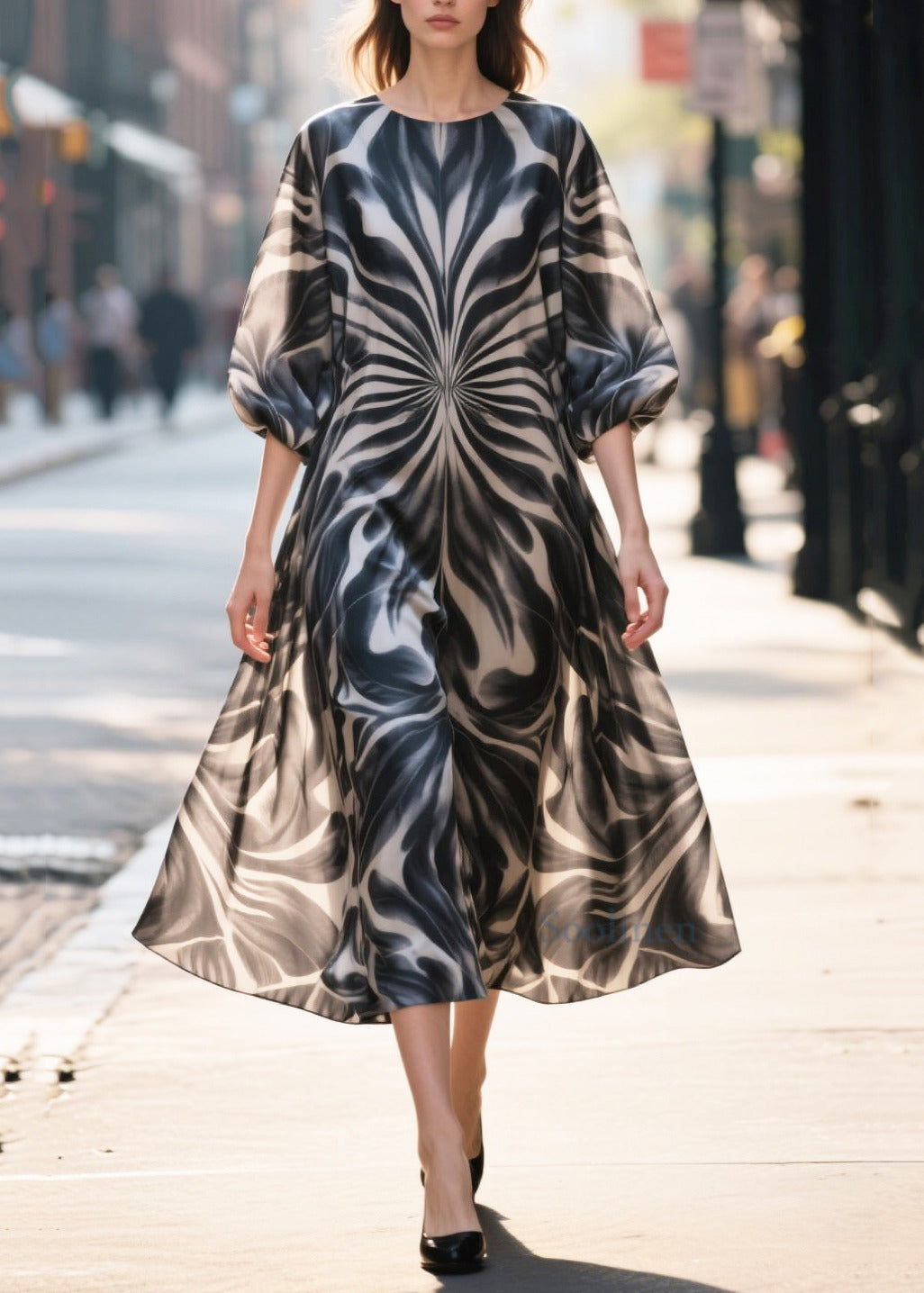 Classy Black Print Chiffon Long Dress Half Sleeve