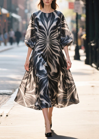 Classy Black Print Chiffon Long Dress Half Sleeve