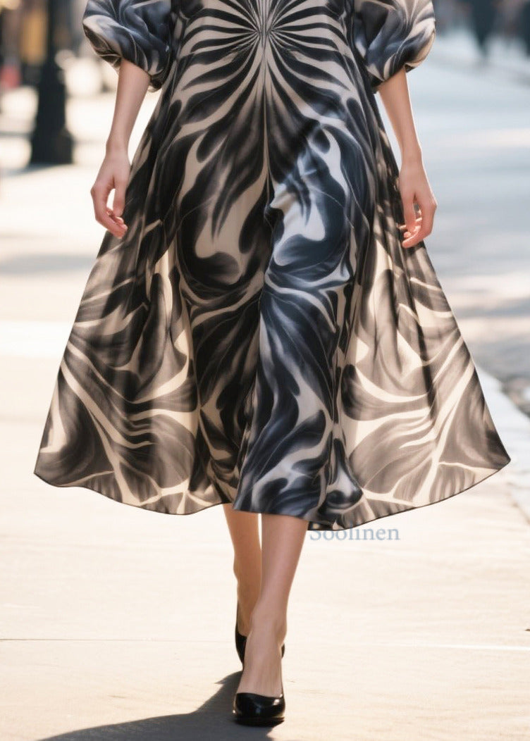 Classy Black Print Chiffon Long Dress Half Sleeve