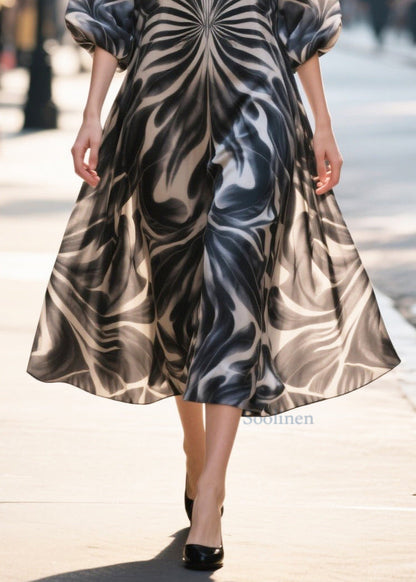 Classy Black Print Chiffon Long Dress Half Sleeve