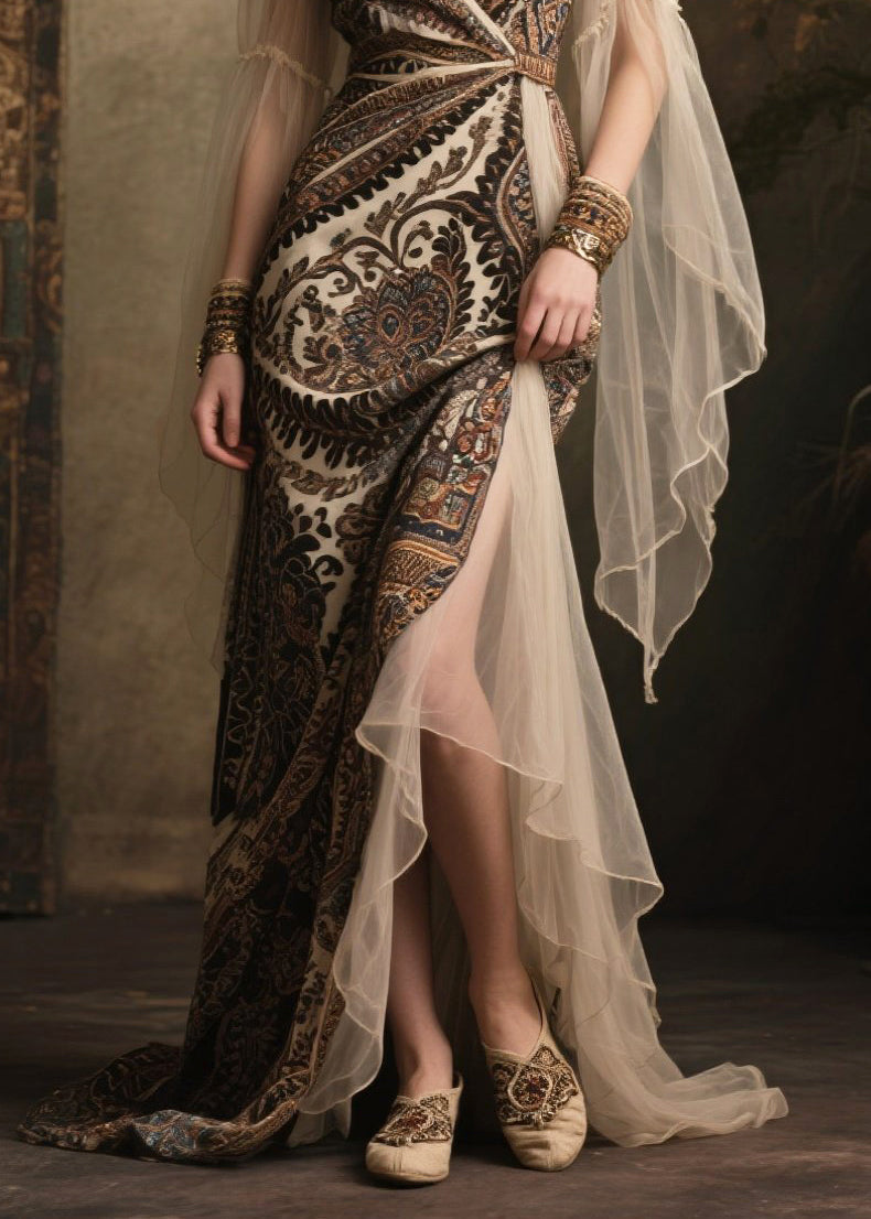 Classy Black Print Exra Large Hem Patchwork Tulle Long Dress Summer