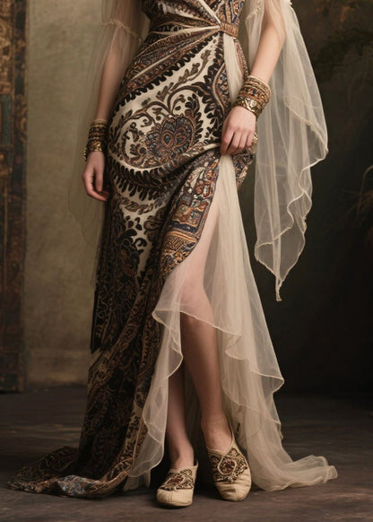 Classy Black Print Exra Large Hem Patchwork Tulle Long Dress Summer