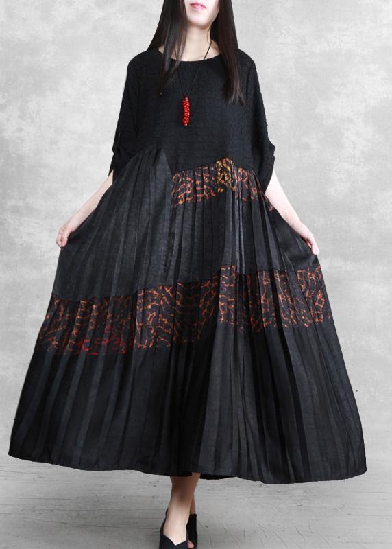 Luxy Silk Maxi Dresses Black Pleated Low High Patchwork Dress - SooLinen