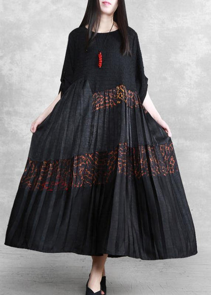 Luxy Silk Maxi Dresses Black Pleated Low High Patchwork Dress - SooLinen