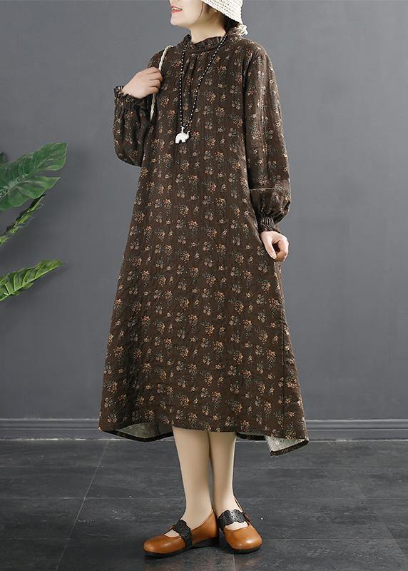 Classy Black Print Stand Collar Robes Dresses - SooLinen