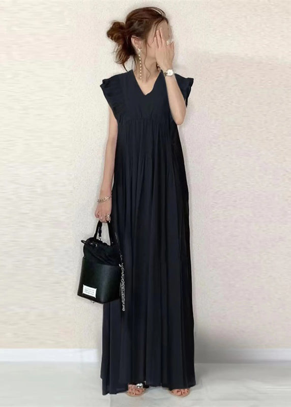 Classy Black Ruffled Patchwork Cotton Tunic Dress Sleeveless