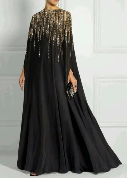 Classy Black Sequins Patchwork Cotton Maxi Dress Batwing Sleeve