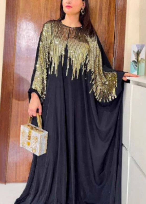 Classy Black Sequins Patchwork Cotton Maxi Dress Batwing Sleeve