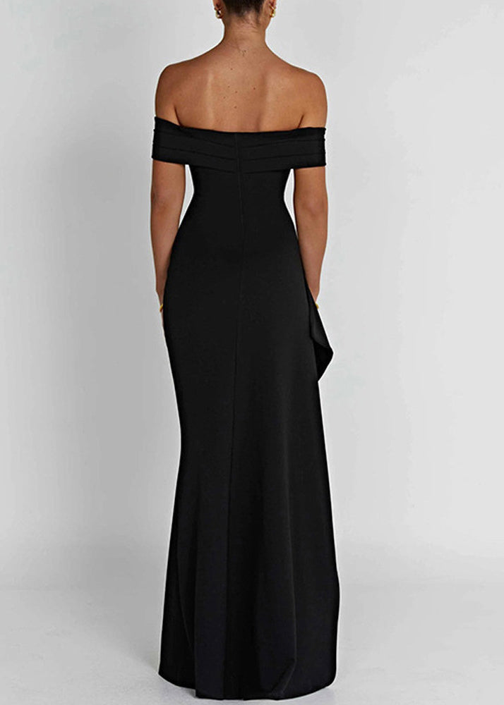 Classy Black Slash Neck Side Open Cotton Long Dress Summer