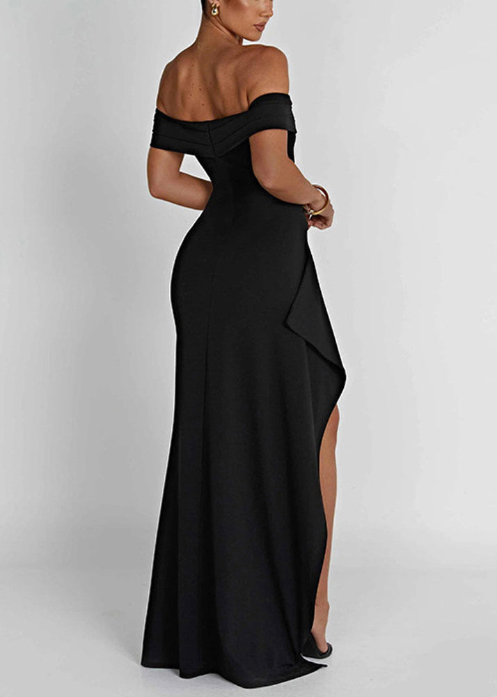 Classy Black Slash Neck Side Open Cotton Long Dress Summer