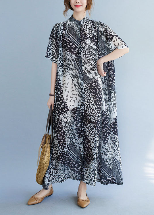 Classy Black Stand Collar Exra Large Hem Print Shirt Dress Short Sleeve