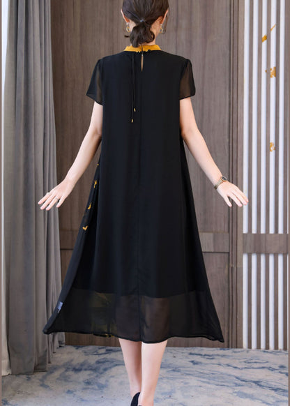 Classy Black Stand Collar Floral Print Chiffon Holiday Dresses Short Sleeve