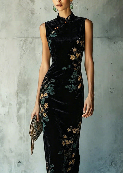 Classy Black Stand Collar Print Velvet Long Dresses Summer