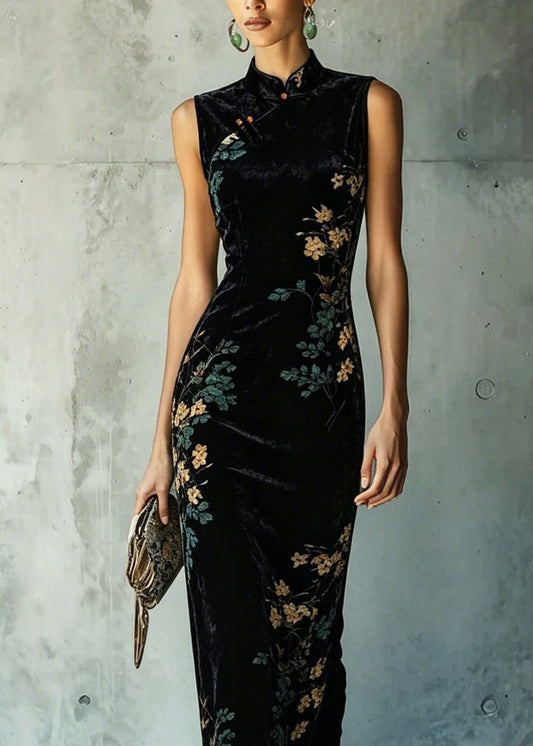 Classy Black Stand Collar Print Velvet Long Dresses Summer