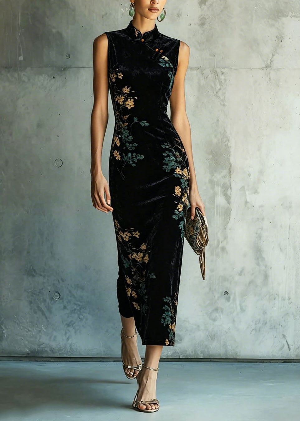 Classy Black Stand Collar Print Velvet Long Dresses Summer