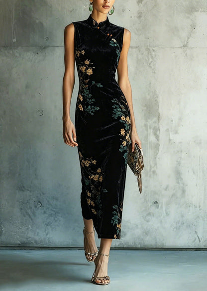 Classy Black Stand Collar Print Velvet Long Dresses Summer