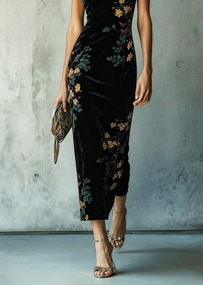 Classy Black Stand Collar Print Velvet Long Dresses Summer