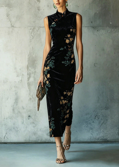 Classy Black Stand Collar Print Velvet Long Dresses Summer