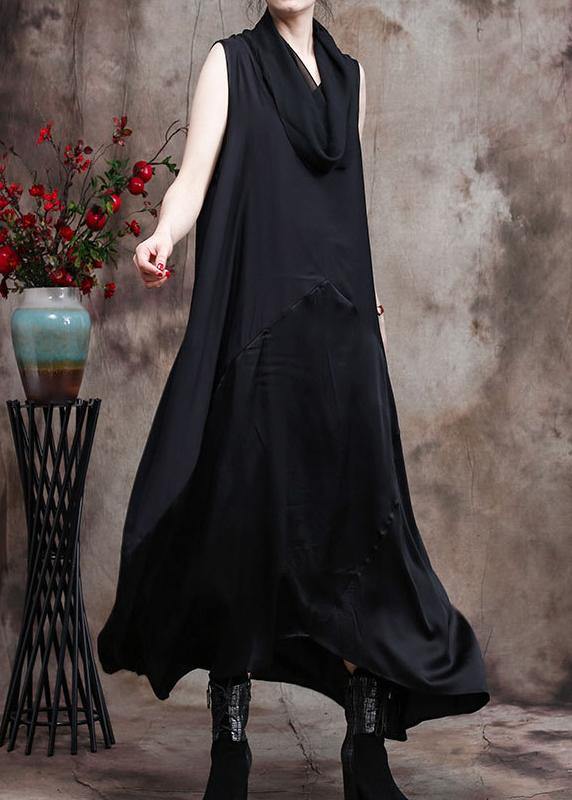 Classy Black Silk Dress Tunics Patchwork Vestidos De Lino Dress - SooLinen
